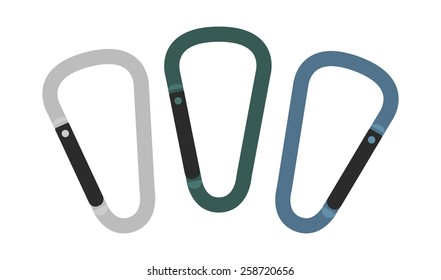 Set of carabiner icons. Silver, green, blue. Hiking equipment. Vector clip art illustrations isolated on white