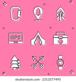 Set Carabiner, Location of the forest, Campfire, Gps device with map, Tourist tent, First aid kit, Tree and Crossed arrows icon. Vector