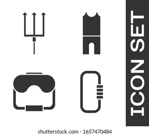 Set Carabiner, Neptune Trident, Diving mask and Wetsuit for scuba diving icon. Vector