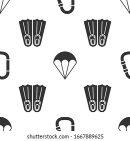 Set Carabiner, Parachute and Rubber flippers for swimming on seamless pattern. Vector