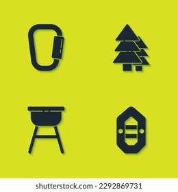 Set Carabiner, Rafting boat, Barbecue grill and Tree icon. Vector
