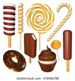 Set of Caramel Candies and Chocolate Sweets Isolated on White. Ice Creams, Cupcake, Donut, Lollipops, Popsicles and Candy Cane in Orange and Brown. Vector Low Poly Realistic Illustration.