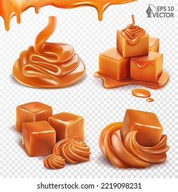 Set with caramel candies covered pouring sweet dessert sauce isolated on white background. Liquid creamy syrup. Toffee cream for decoration. 3D realistic vector illustration