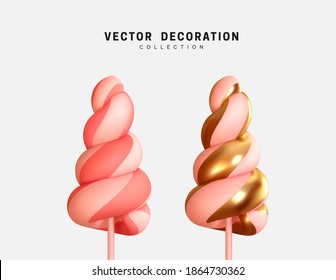 Set of caramel candies on stick in pink gold color. Sweet candy cane 3d render object isolated. Vector illustration