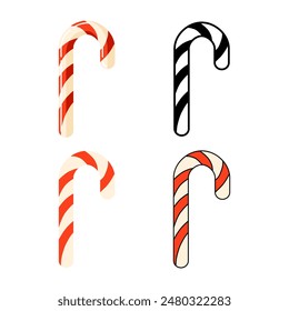 A set of caramel cane icons. Candy. Festive caramel in the shape of a cane. Vector illustration isolated on a white background for design and web.