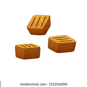 Set of caramel toffee candies, in different views, square shape, isolated on white background. Vector illustration in cartoon style