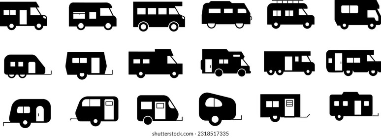 Set of caravan, camper van, and motorhome black icons