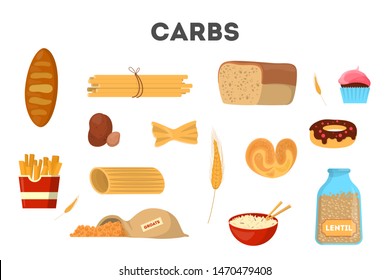 Set of carb food. Bread and other bakery, pasta, rice and sugar. Delicious meal from carbohydrate group. Isolated vector illustration in cartoon style