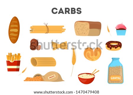 Set of carb food. Bread and other bakery, pasta, rice and sugar. Delicious meal from carbohydrate group. Isolated vector illustration in cartoon style