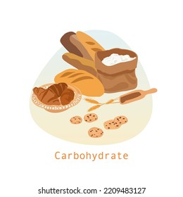 Set of Carbohydrate food.  Cartoon flat vector illustration of bread, baguette, croissant, cookies, bag of flour. Healthy food, diet concept. 
