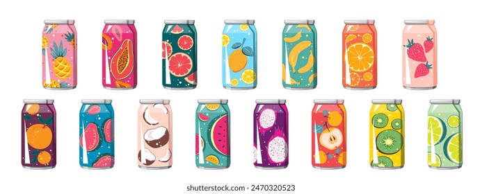 Set of carbonated drinks in aluminum cans. Soda with various fruit flavors. Summer refreshing lemonades, juices, cocktails. Vector illustration.