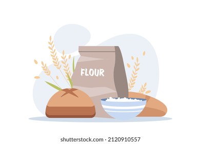Set of carbs. Bread and flour products. Nutrition for mass gain, energy and strength. Wheat and grain. Goods from grocery store. Bakery menu, restaurant or cafe. Cartoon flat vector illustration