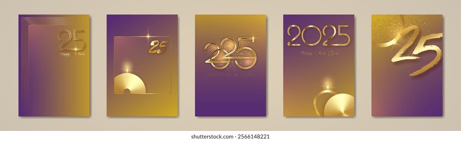set card 2025 Happy New Year gold texture, golden luxury colorful gradient elegant background, elements for calendar, greetings card or Christmas themed winter holiday invitations, geometric shape