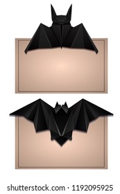 Set of card with 3d illustration of origami bat. Halloween. The object is separate from the background. Vector element for the design of cards, invitations and your creativity.