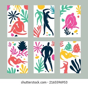 Set of card abstract people doodle and nature icons on isolated white background. Summer collection, organic shapes in freehand matisse art style. Floral art.