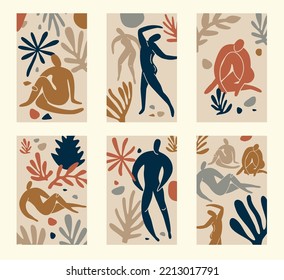 Set of card abstract people doodle and nature icons on isolated white background. Summer collection, organic shapes in freehand matisse art style. Floral art.