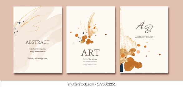 Set of card with abstract shape, splash gold. Wedding watercolor concept. Neutral poster, invite. Vector decorative greeting card or invitation design background