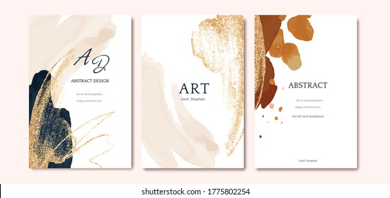 Set of card with abstract shape, splash gold. Wedding watercolor concept. Navy blue poster, invite. Vector decorative greeting card or invitation design background