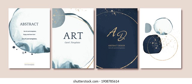 Juego de cartas con forma abstracta, dorado salpicado. Concepto de acuarela. Afiche azul marino, invitación. Fondo de diseño de invitación o tarjeta de saludo decorativa vectorial