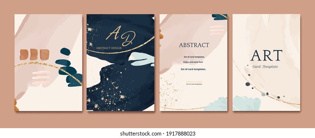 Set of card with abstract shape, splash gold. Wedding watercolor concept. Navy blue poster, invite. Vector decorative greeting card or invitation design background