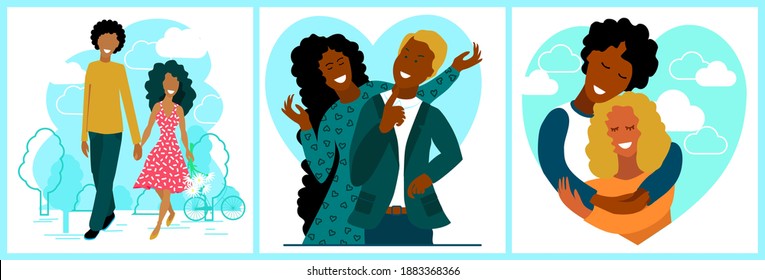 Set Card with Afro girl and boy embracing with their hands. Loving couple walking together. Teamwork. Business, communication, social concept. Positive emotions and celebration. 