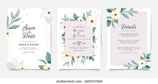 Set of card with anemone. Wedding invitation template set with floral frame. White flowers and leaves botanic illustration for background, save the date, greeting, poster, cover vector