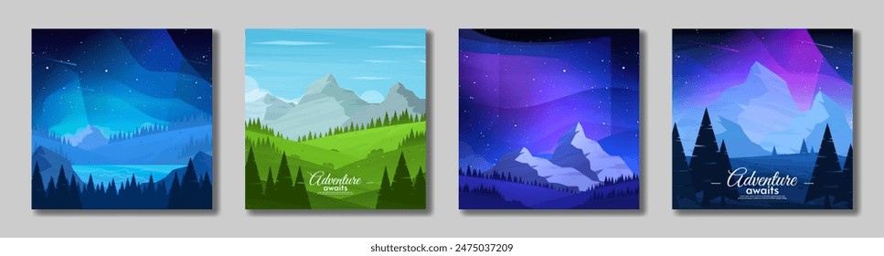 Set of card. Aurora borealis landscape. Design for wallpaper, banner, invitation. Flat style design. Vector illustration. Beautiful mountains with hills and forest.