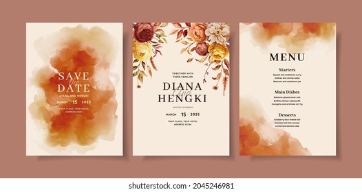 Set of card with autumn floral, leaves. Wedding ornament concept. Floral poster, invite. Vector decorative greeting card or invitation design background
