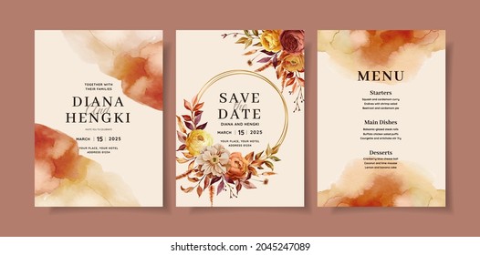 Juego de cartas con floral otoñal, hojas. Concepto de ornamento de boda. Afiche floral, invitación. Fondo de diseño de invitación o tarjeta de saludo decorativa vectorial