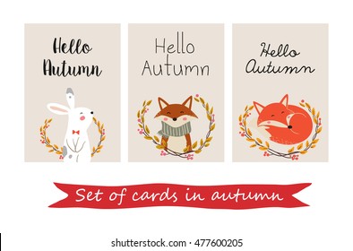 Set of card in autumn, fox, rabbit and leaves floral.