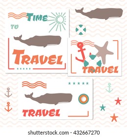 Set of Card, Badge and Travel Bag Tag  with Sperm Whales. Vector Illustration.