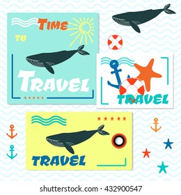 Set of Card, Badge and Travel Bag Tag  with Blue Whales. Vector Illustration.