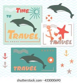 Set of Card, Badge and Travel Bag Tag with Atlantic Dolphins. Vector Illustration.
