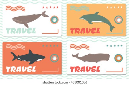 Set of Card, Badge and Travel Bag Tag with Atlantic Dolphins. Vector Illustration.
