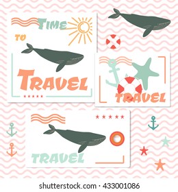 Set of Card, Badge and Travel Bag Tag with Blue whales. Vector Illustration.

