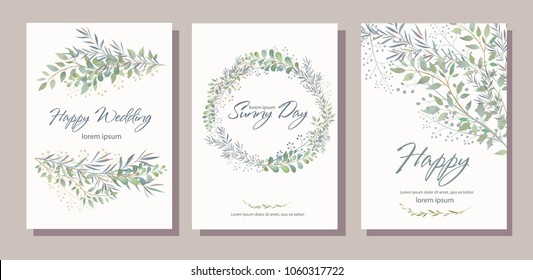 Set of card with beautiful twigs with leaves. Wedding ornament concept. Imitation of watercolor, isolated on white. Sketched wreath, floral and herbs garland