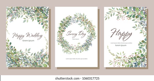 Set of card with beautiful twigs with leaves. Wedding ornament concept. Imitation of watercolor, isolated on white. Sketched wreath, floral and herbs garland