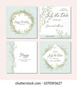 Set of card with beautiful twigs with leaves. Wedding ornament concept. Imitation of watercolor, isolated on white. Sketched wreath, floral and herbs garland