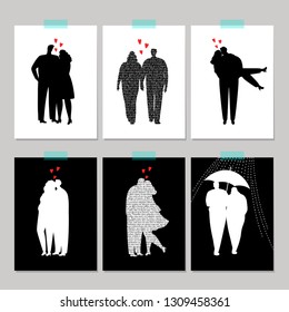 Set of card with black silhouette love couple. Vector hugging love couple illustration