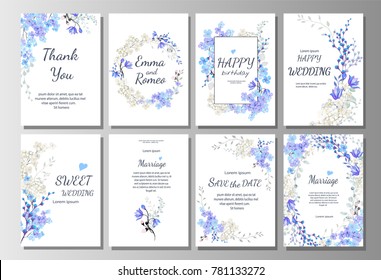 Set of card with blue wild flowers, leaves. Wedding ornament concept. Floral poster, invite. Vector decorative greeting card or invitation design background