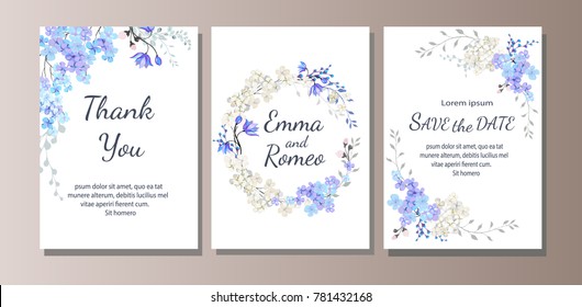 Set of card with blue wild flowers, leaves. Wedding ornament concept. Floral poster, invite. Vector decorative greeting card or invitation design background