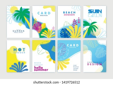 Set of card, brochure, annual report,  cover design templates with exotic palm leaves. Summer modern colorful design. Vector illustration.