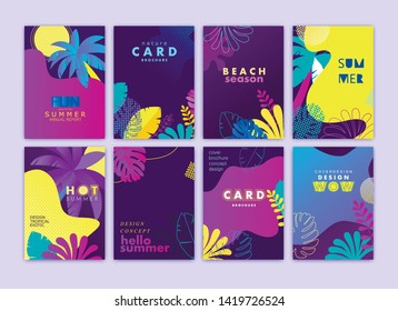 Set of card, brochure, annual report,  cover design templates with exotic palm leaves. Summer modern colorful design. Vector illustration.