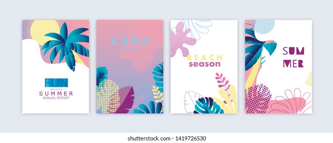 Set of card, brochure, annual report,  cover design templates with exotic palm leaves. Summer modern colorful design. Vector illustration.