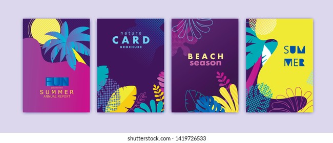 Set of card, brochure, annual report,  cover design templates with exotic palm leaves. Summer modern colorful design. Vector illustration.