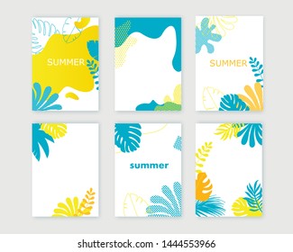 Set of card, brochure, annual report,  cover design templates with exotic palm leaves. Summer modern colorful design. Vector illustration.