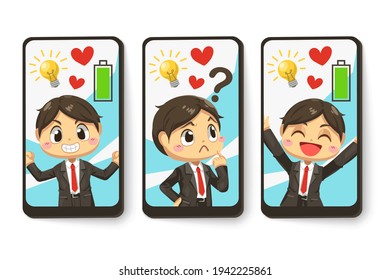 set card of businessman creative idea with full energy in cartoon character, isolated flat vector illustration