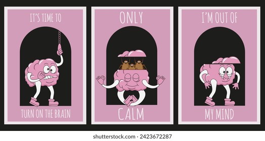 Set card with Cartoon brain character in trendy Rubber Hose style. Groovy Mental health emoticon poster. Сockroaches in the head. Vector illustration for web and social media. Editable stroke EPS 10 