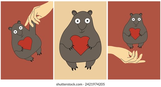 Set card with Cartoon Weird Groundhog in hand. Valentine's Day design in trendy minimalism style. Vector illustration can used t-shirt print, web and social media banner. EPS 10 Editable