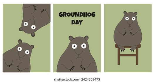 Set card with Cartoon Weird Groundhog. Groundhog Day design in trendy minimalism style. Vector illustration can used t-shirt print, web and social media banner. EPS 10 Editable